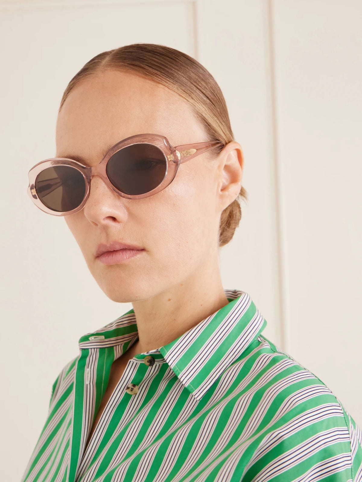 Image of Sunglasses. Product name - Oval Slim Oval-frame Acetate Sunglasses in Baby pink colour by brand - Loewe