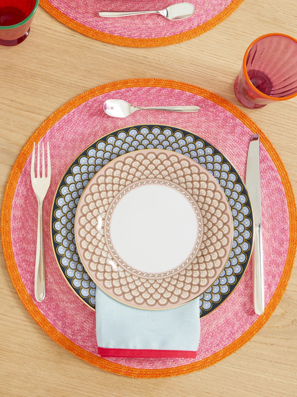 Image of Tableware. Product name - Sunset Set Of Two Painted Straw Placemats in Pink colour by brand - La DoubleJ