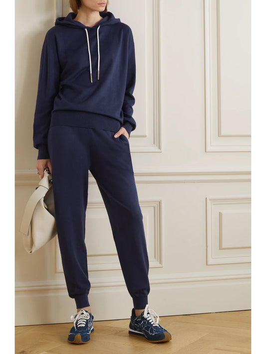 Image of Sleepwear & Loungewear. Product name - Gia Paris Silk And Cashmere-blend Hoodie And Track Pants Set in Indigo colour by brand - Olivia von Halle