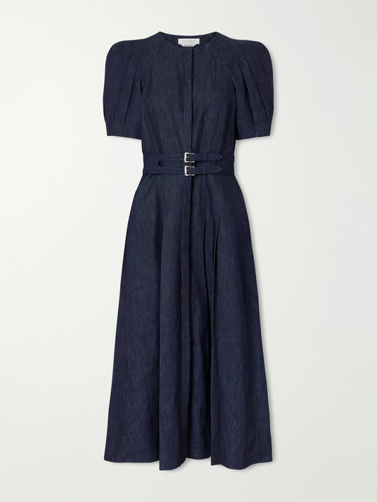 Image of Dresses. Product name - Patricia Belted Cotton And Linen-blend Denim Midi Dress in Dark denim colour by brand - Gabriela Hearst