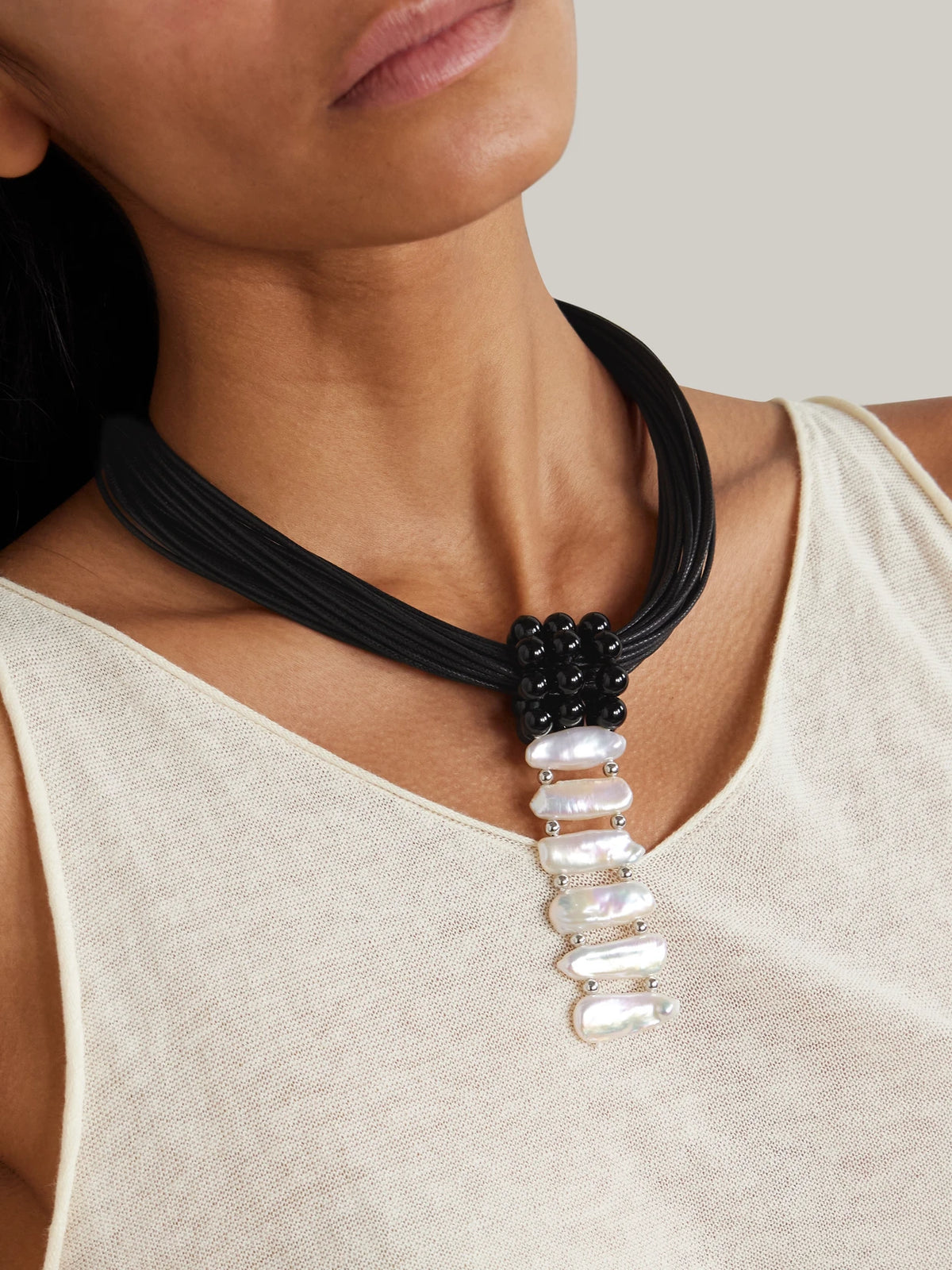 Image of Necklaces. Product name - Cord, Onyx, Pearl And Silver Necklace in Black colour by brand - Le Sundial