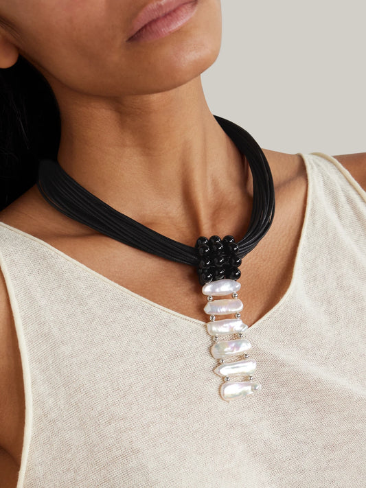 Image of Necklaces. Product name - Cord, Onyx, Pearl And Silver Necklace in Black colour by brand - Le Sundial