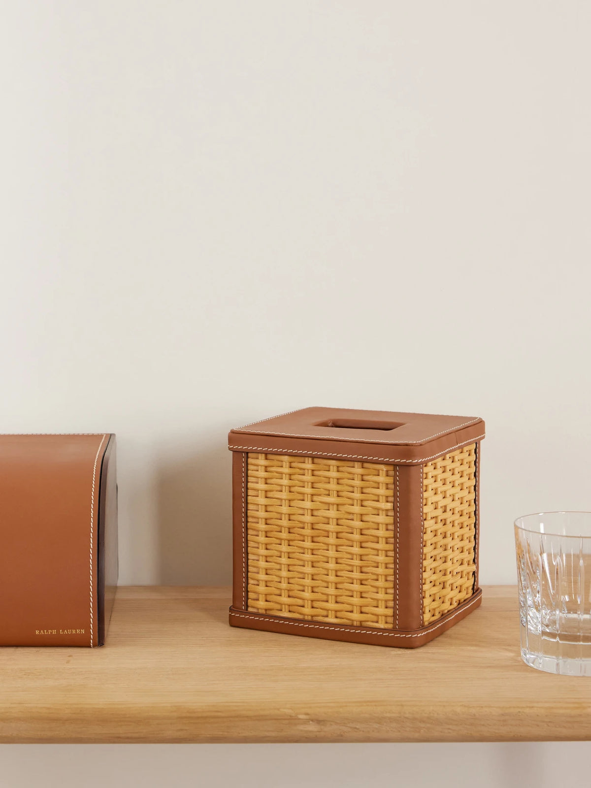 Image of Decor. Product name - Bailey Leather-trimmed Rattan-woven Tissue Box in Brown colour by brand - Ralph Lauren Home