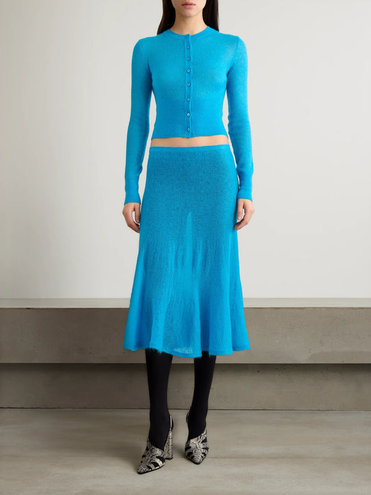Image of Cardigans. Product name - Mohair-blend Cardigan in Turquoise colour by brand - Alaïa