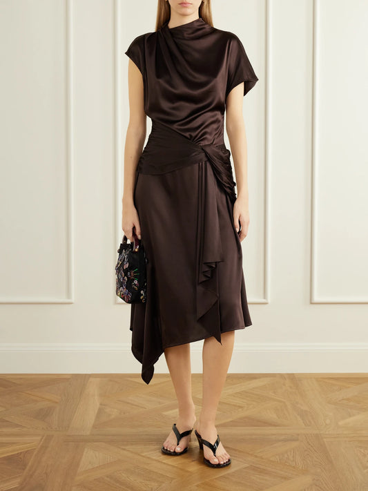 Image of Dresses. Product name - Davina Gathered Silk-blend Satin Midi Dress in Brown colour by brand - STAUD