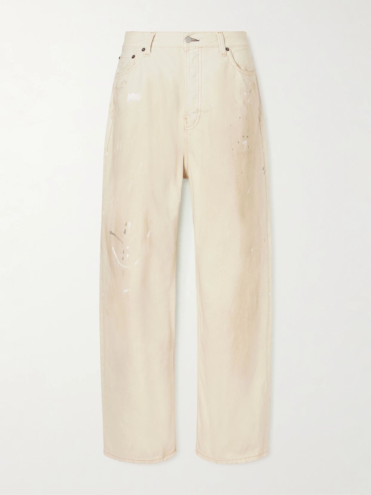 Image of Jeans. Product name - 2023 Distressed Low-waist Leather-trimmed Jeans in Off-white colour by brand - Acne Studios