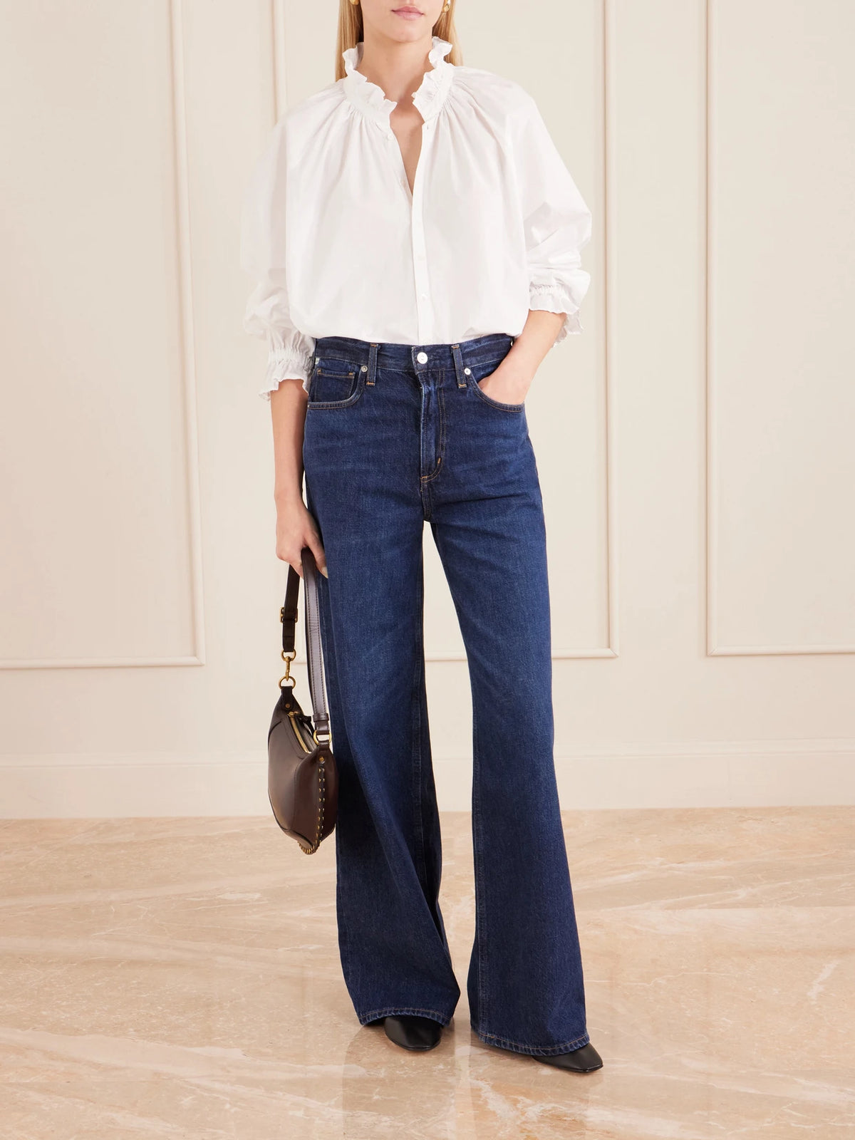 Image of a model wearing Tops. Product name - Loretta Ruched Cotton-poplin Shirt in White colour by brand - Citizens of Humanity