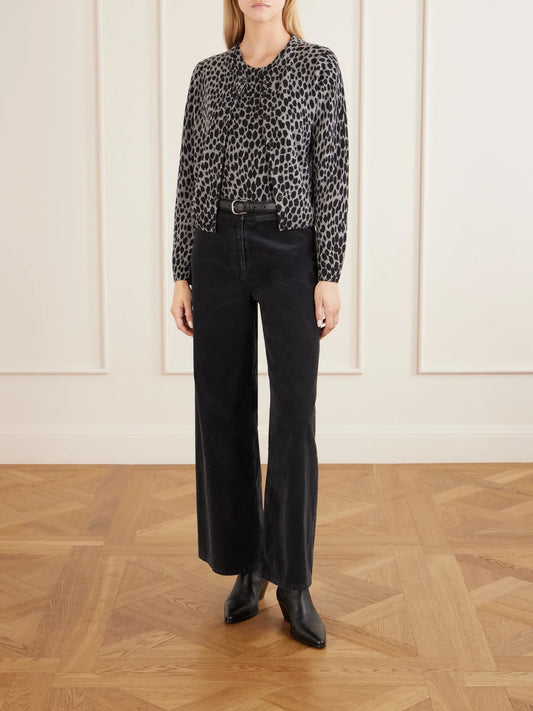 Image of a model wearing Outerwear. Product name - Keelah Leopard-jacquard Cashmere Cardigan in Light gray colour by brand - Nili Lotan