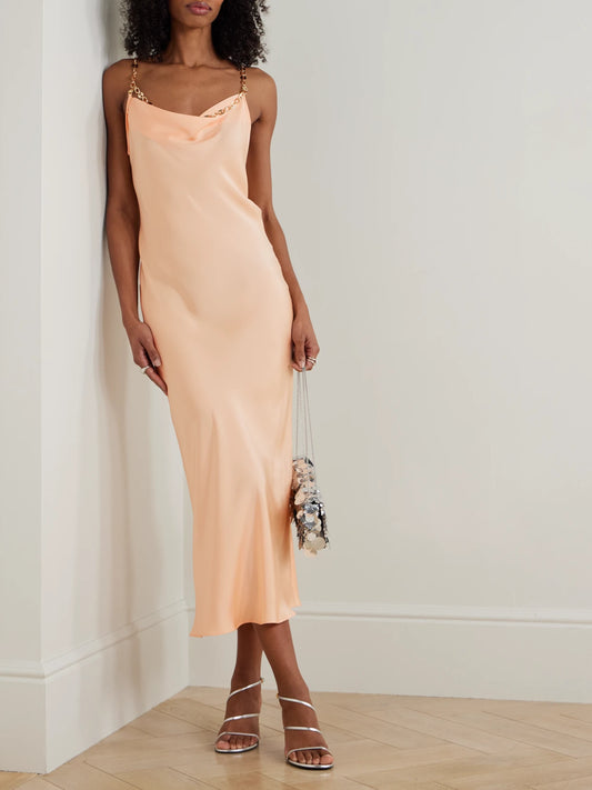 Image of Dresses. Product name - Chain-embellished Crepe Midi Dress in Peach colour by brand - RABANNE