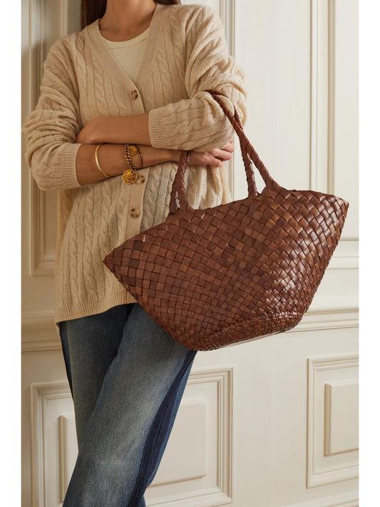 Image of Bags. Product name - Egola Woven Leather Tote in Tan colour by brand - Dragon Diffusion