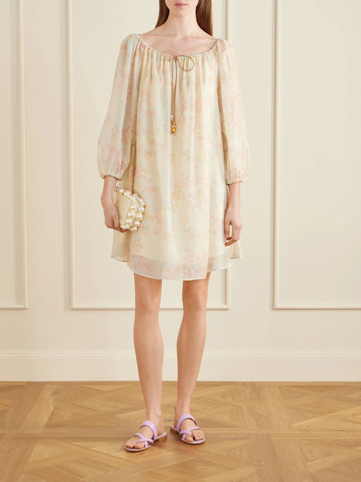 Image of Dresses. Product name - Bonnie Floral-print Lyocell-blend Mini Dress in Beige colour by brand - BERNADETTE