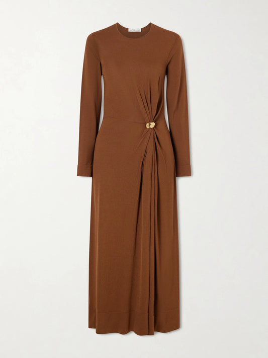 Image of Dresses. Product name - Tingley Embellished Knitted Maxi Dress in Camel colour by brand - Altuzarra