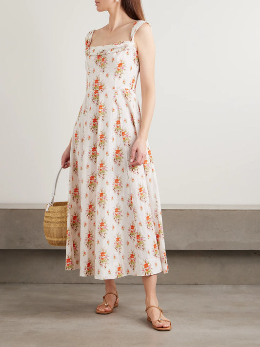 Image of Dresses. Product name - Clea Ruffled Floral-print Organic Cotton Midi Dress in Multi colour by brand - DÔEN