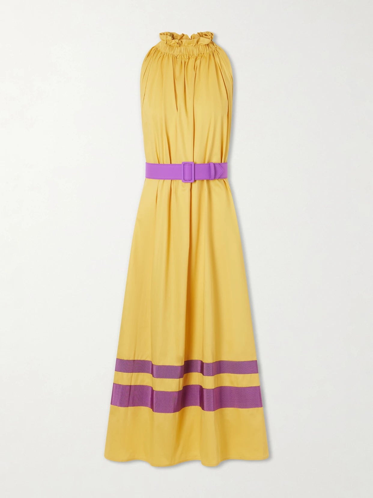 Camogli Belted Ruched Grosgrain-trimmed Cotton-poplin Halterneck Midi Dress
