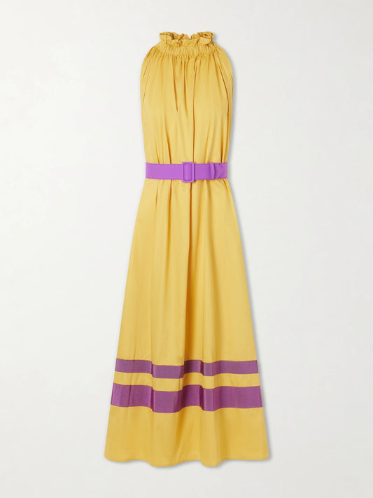 Camogli Belted Ruched Grosgrain-trimmed Cotton-poplin Halterneck Midi Dress