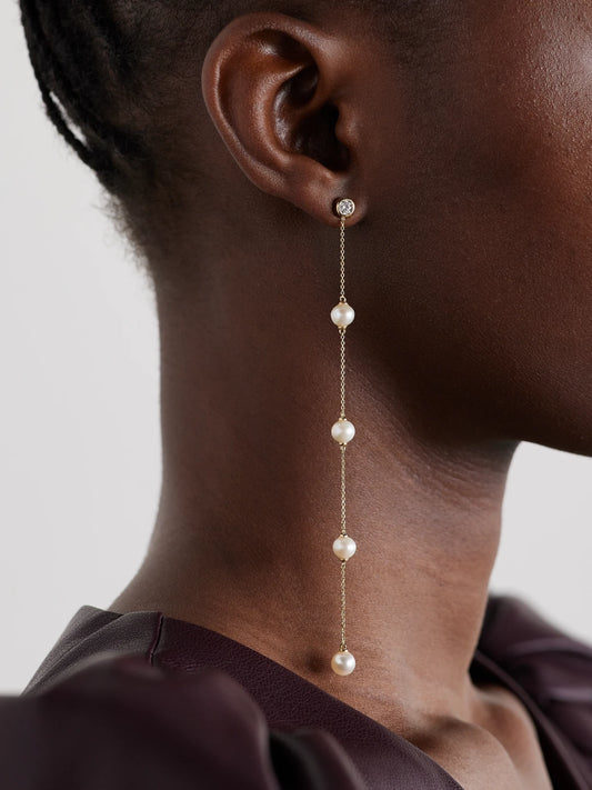 Image of Earrings. Product name - 14-karat Gold, Diamond And Pearl Earrings in Multi colour by brand - Mateo