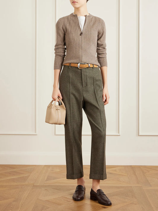 Image of a model wearing Outerwear. Product name - Ribbed Cashmere Cardigan in Brown colour by brand - Loro Piana