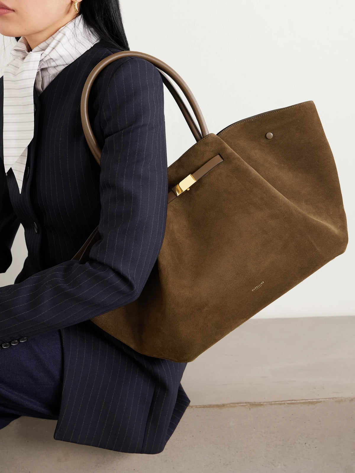 Image of Bags. Product name - The New York Large Leather-trimmed Suede Tote in Brown colour by brand - DeMellier