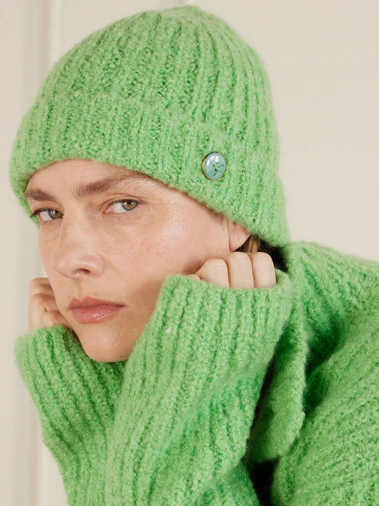 Image of Hats. Product name - Button-embellished Ribbed Cashmere-bouclé Beanie in Green colour by brand - God's True Cashmere