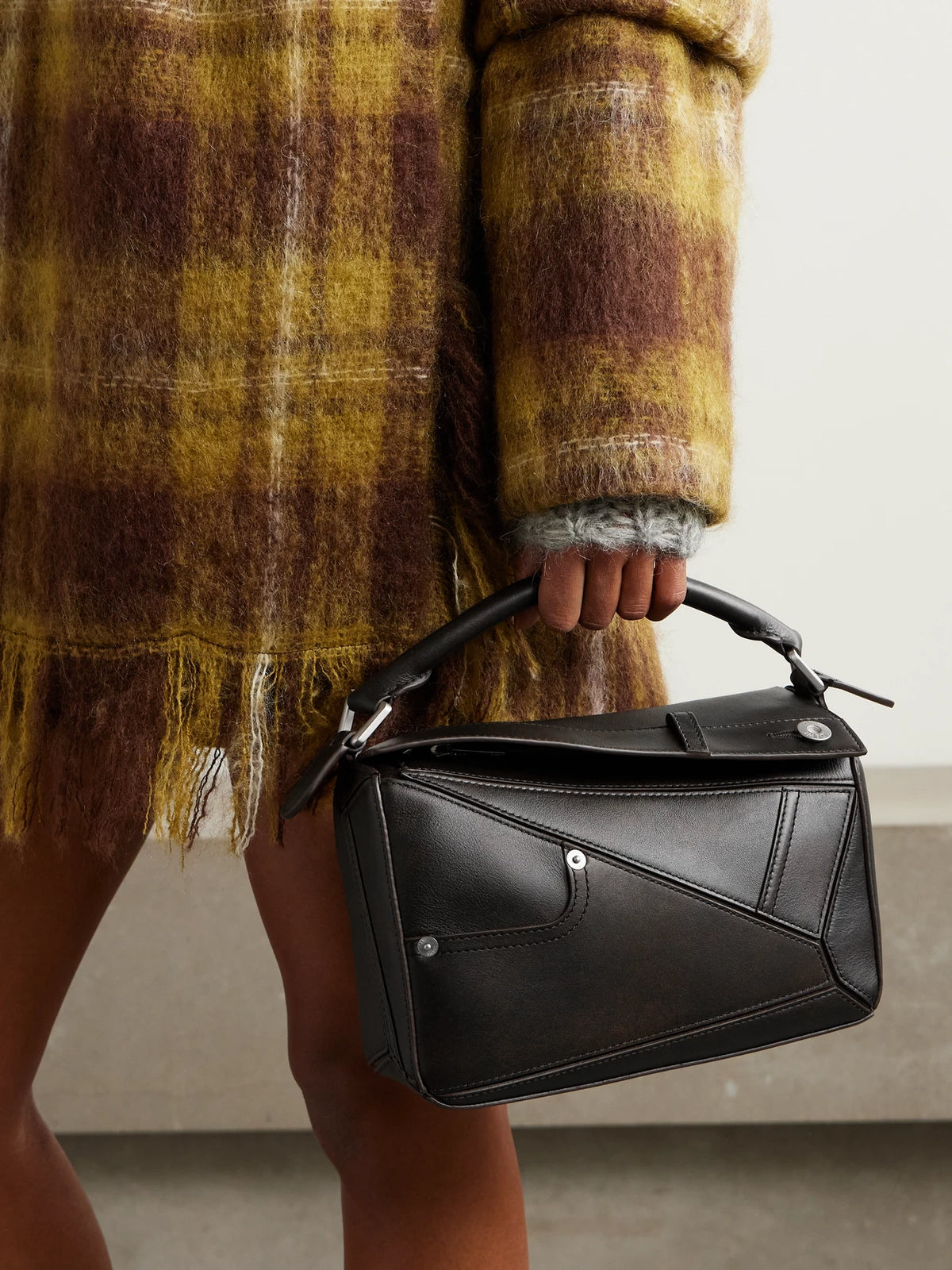 Image of Bags. Product name - Puzzle Panta Small Textured-leather Shoulder Bag in Dark brown colour by brand - LOEWE