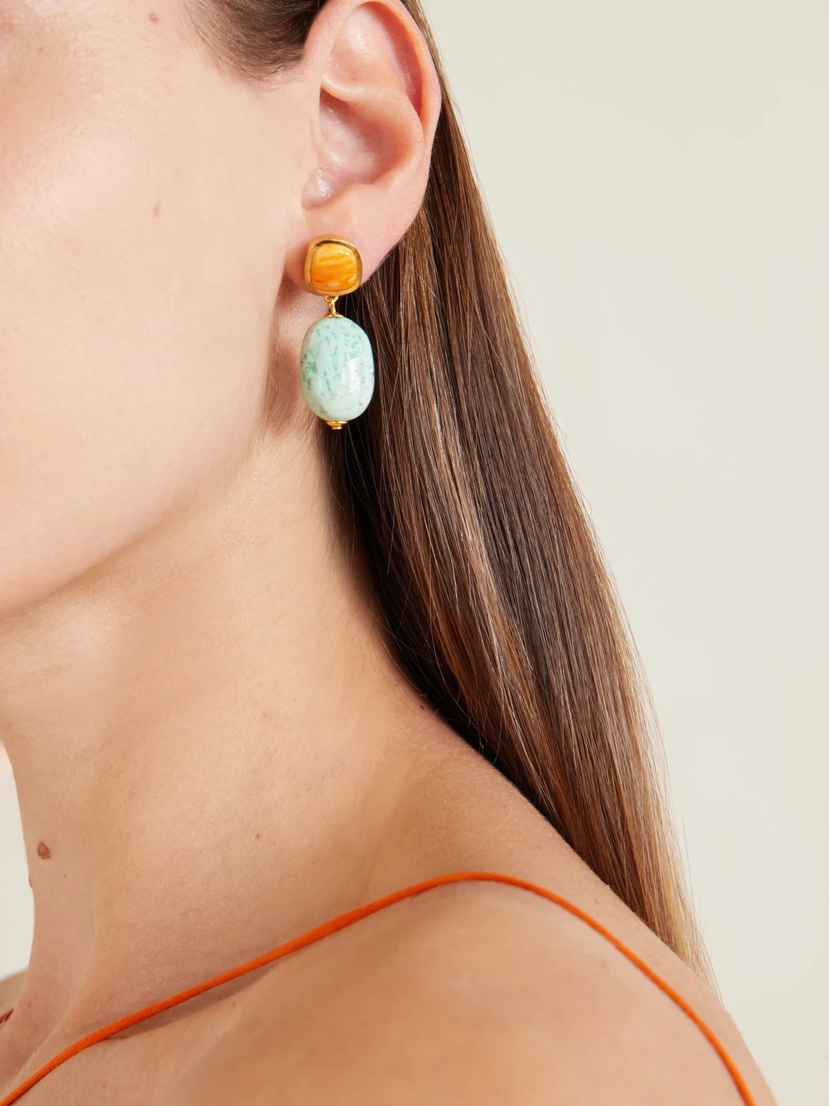 Image of Earrings. Product name - Citrus Splash Gold-plated, Shell And Turquoise Earrings in Multi colour by brand - Lizzie Fortunato