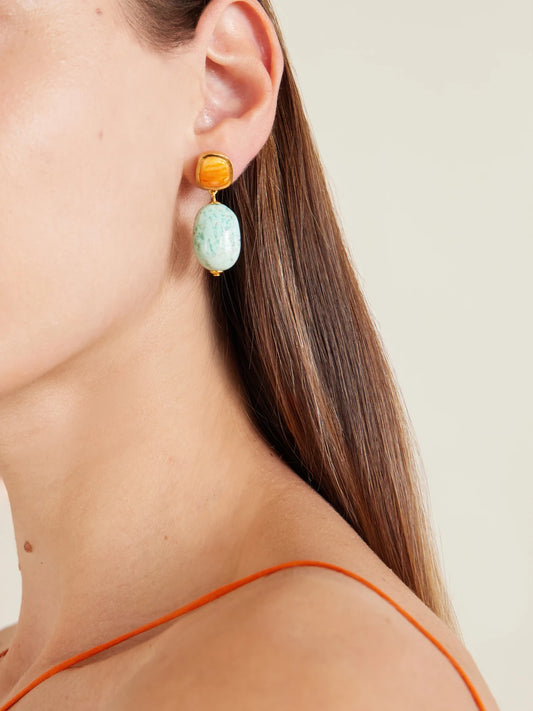 Image of Earrings. Product name - Citrus Splash Gold-plated, Shell And Turquoise Earrings in Multi colour by brand - Lizzie Fortunato