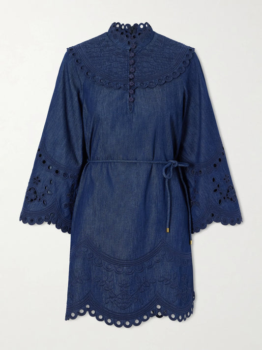 Image of Dresses. Product name - Mahon Broderie Anglaise Denim Mini Dress in Blue colour by brand - Zimmermann