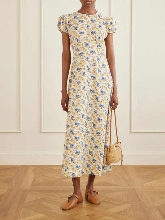 Image of Dresses. Product name - Rhodia Floral-print Organic Cotton Midi Dress in Off-white colour by brand - DÔEN