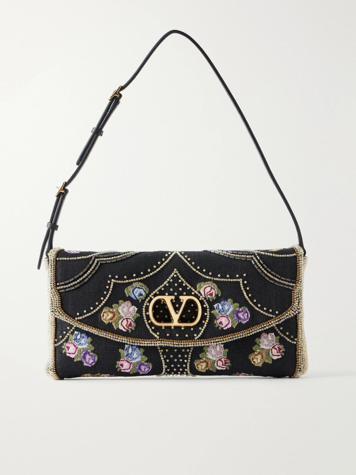 Valentino Garavani Devaine Embroidered Leather-trimmed Linen Shoulder Bag