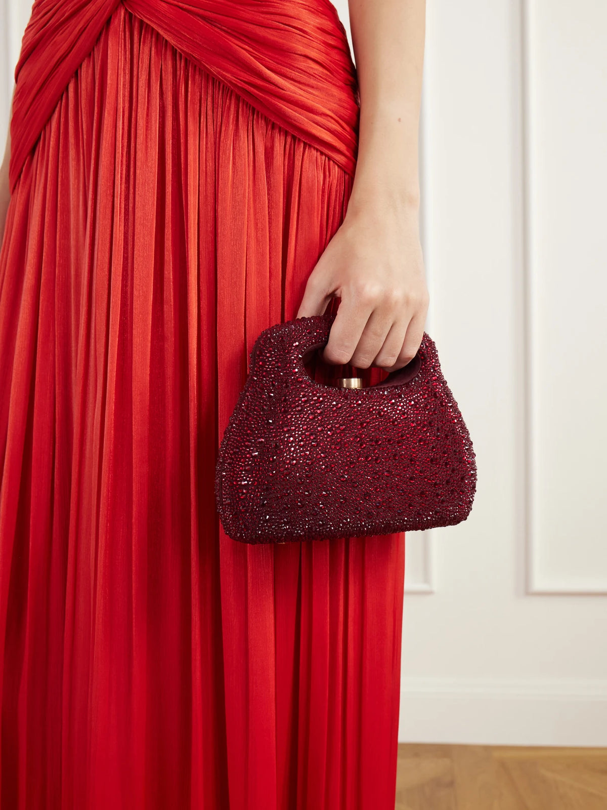 Image of Bags. Product name - Mimi Crystal-embellished Suede Top-handle Bag in Red colour by brand - Cult Gaia