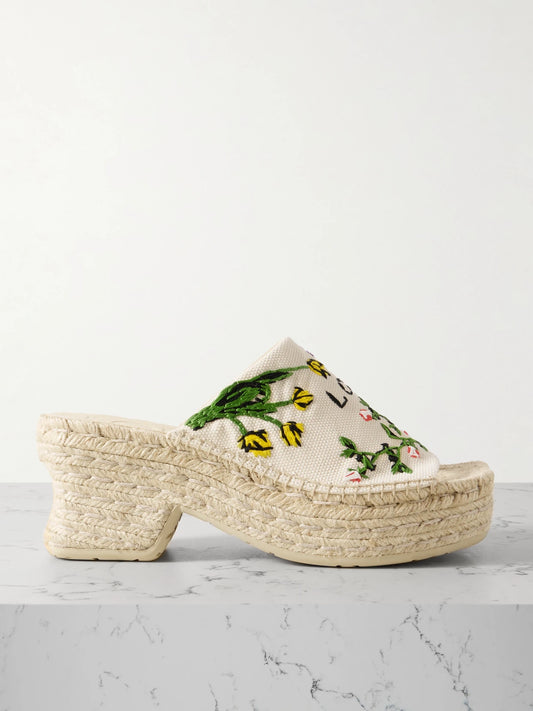 LOEWE + Paula's Ibiza Petal Embroidered Canvas Platform Espadrille Mules
