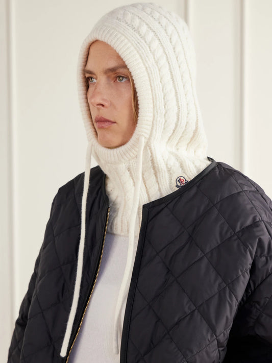 Image of Hats. Product name - Cable-knit Alpaca-blend Balaclava in Cream colour by brand - Moncler