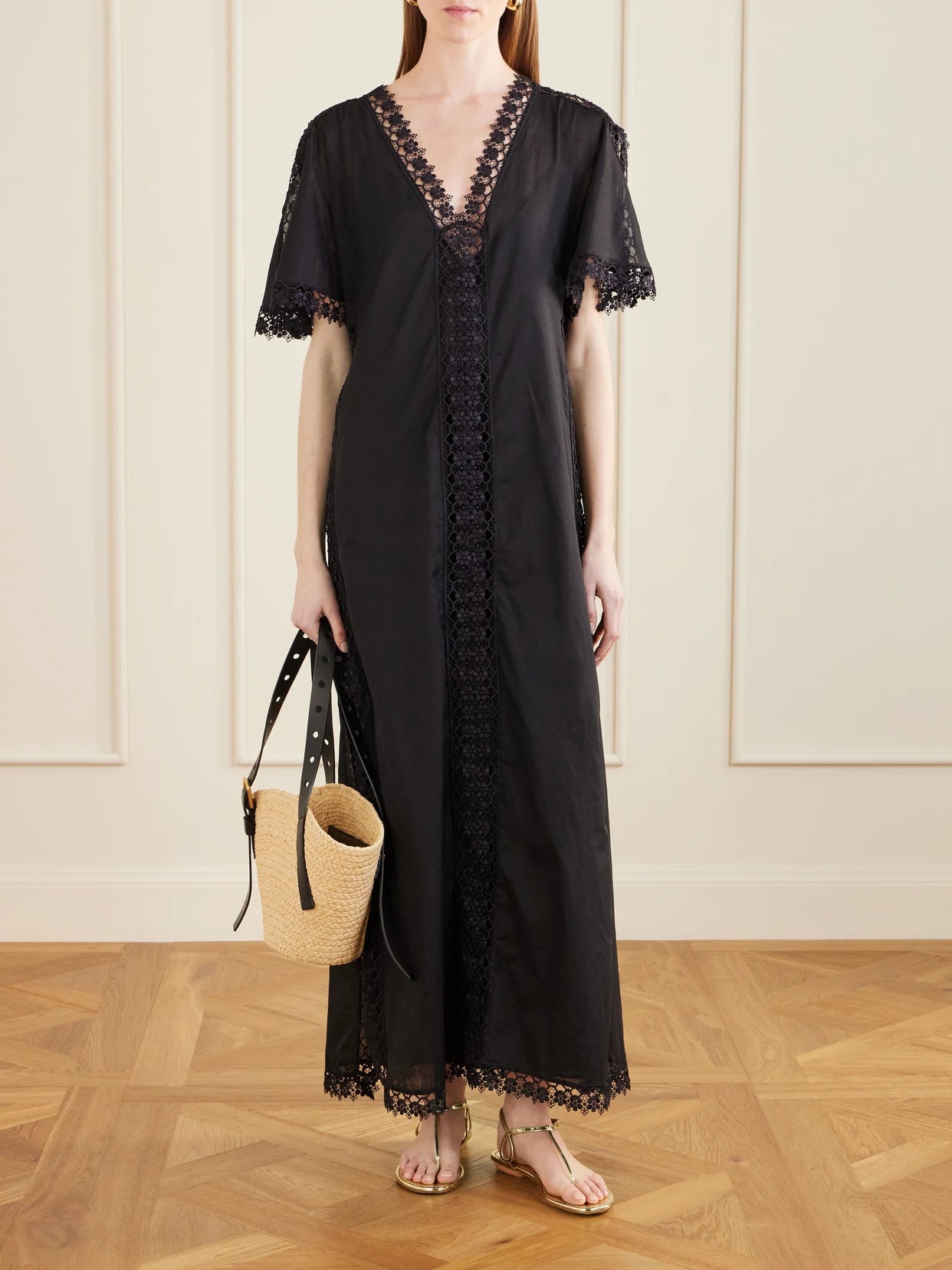 Image of Dresses. Product name - Embroidered Cotton-blend Cover-up in Black colour by brand - Charo Ruiz