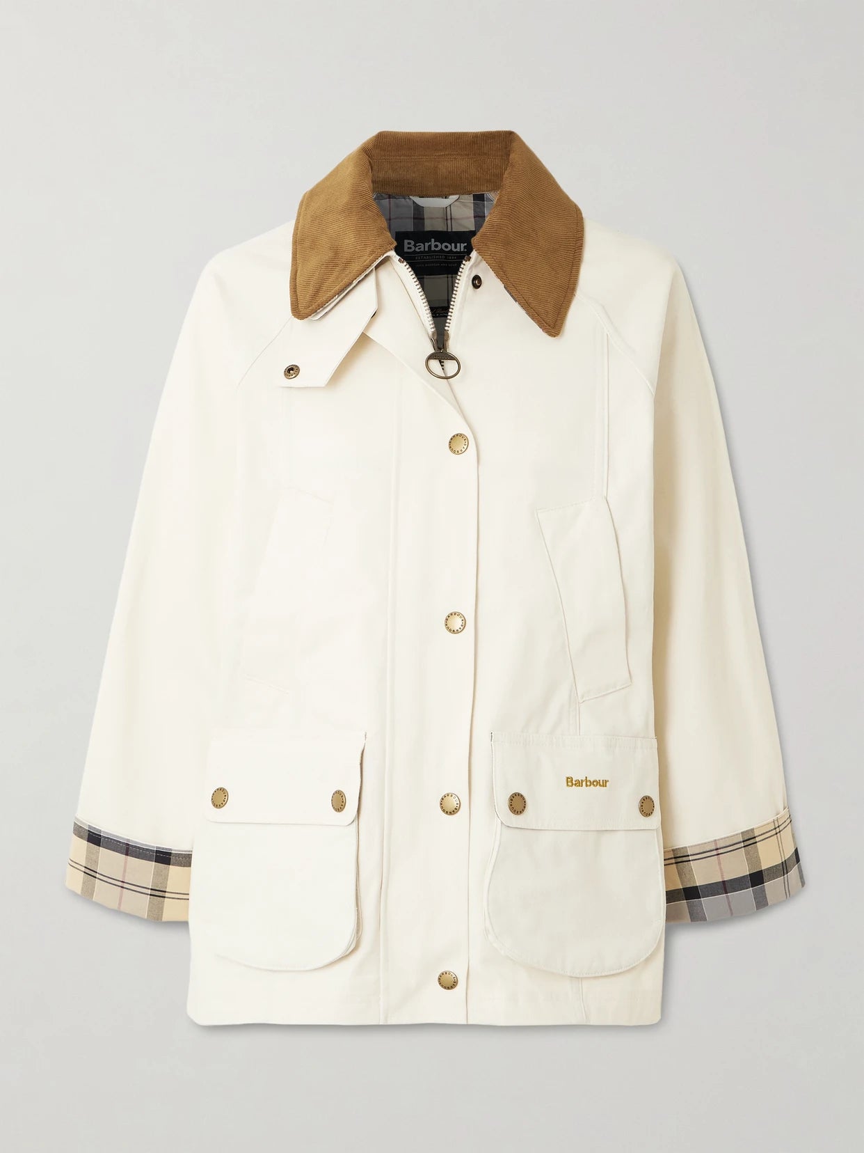 Image of Coats & Jackets. Product name - Modern Beadnell Corduroy-trimmed Waxed-cotton Jacket in Off-white colour by brand - Barbour