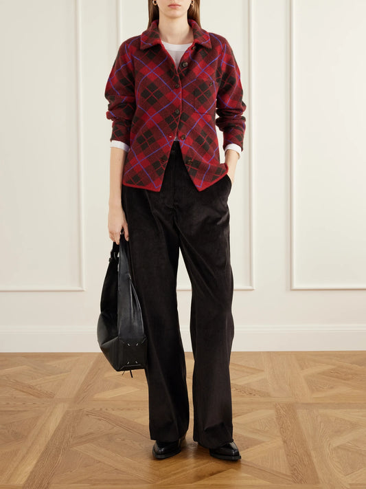Image of a model wearing Outerwear. Product name - Dylan Checked Cashmere Cardigan in Red, Sage green colour by brand - Guest In Residence