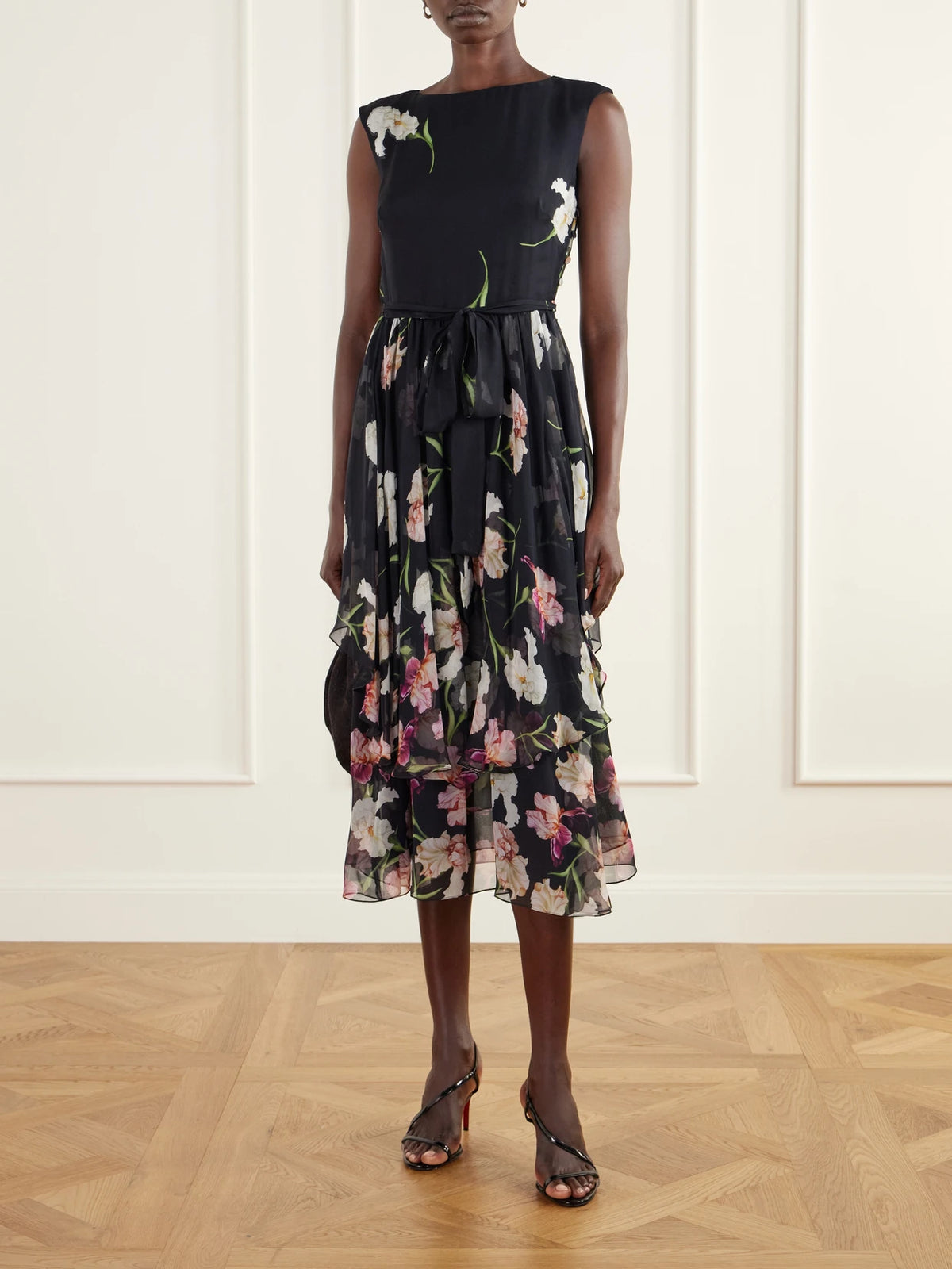 Image of Dresses. Product name - Belted Tiered Floral-print Silk-chiffon Midi Dress in Navy colour by brand - Oscar de la Renta