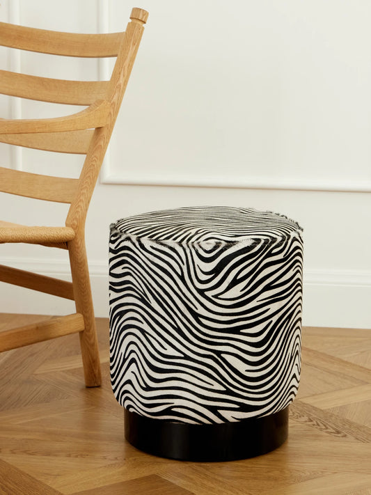Image of Decor. Product name - Zebra-print Calf-hair Pouf in Ivory colour by brand - SIX THE RESIDENCE