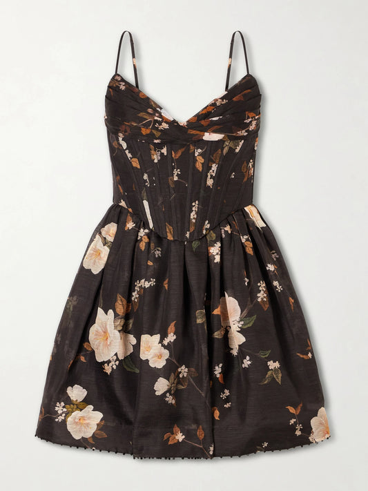Zimmermann Valiant Floral-print Linen And Silk-blend Corset Mini Dress