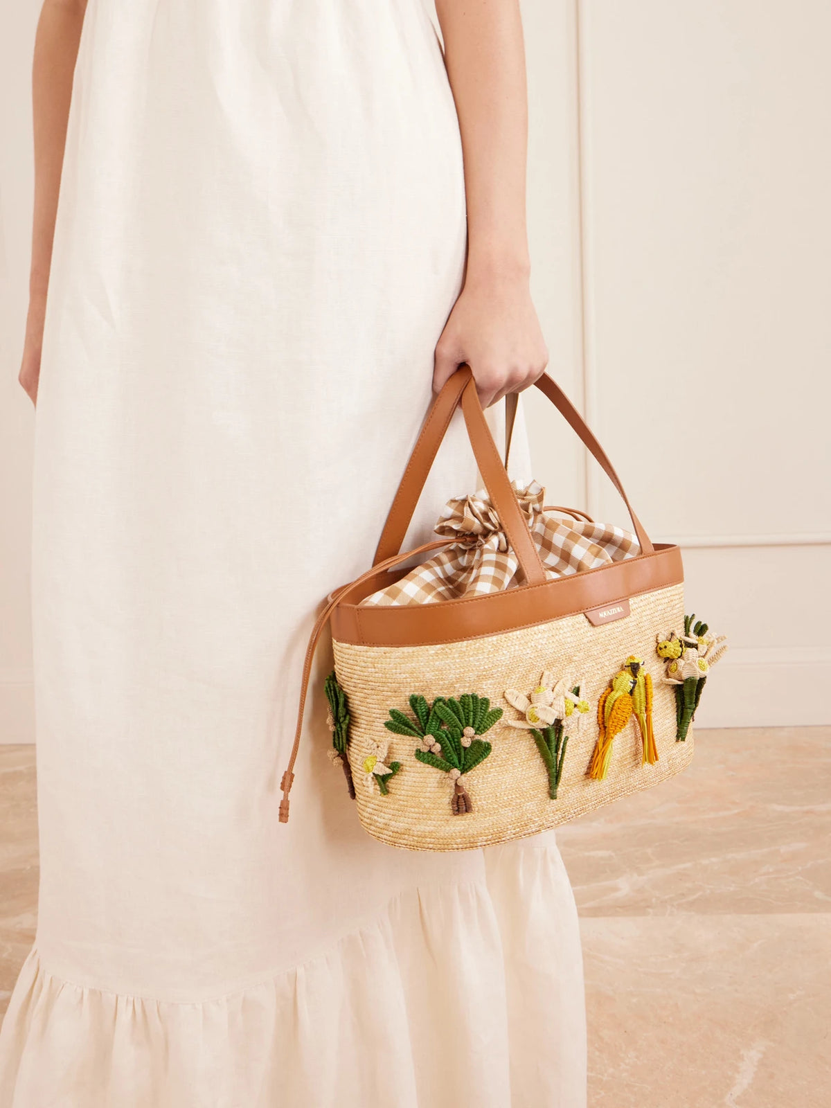 Image of Bags. Product name - Birdsong Appliquéd Leather-trimmed Raffia Tote in Neutral colour by brand - Aquazzura