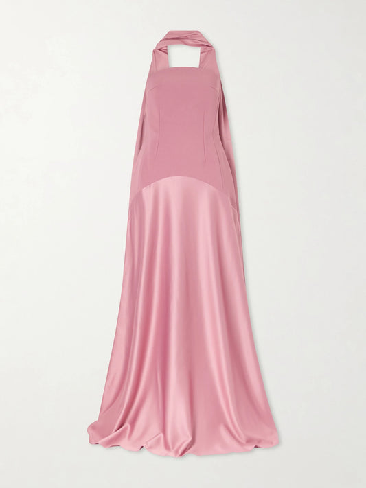 Image of Dresses. Product name - Mae Scarf-detailed Satin-trimmed Crepe Gown in Pink colour by brand - Solace London