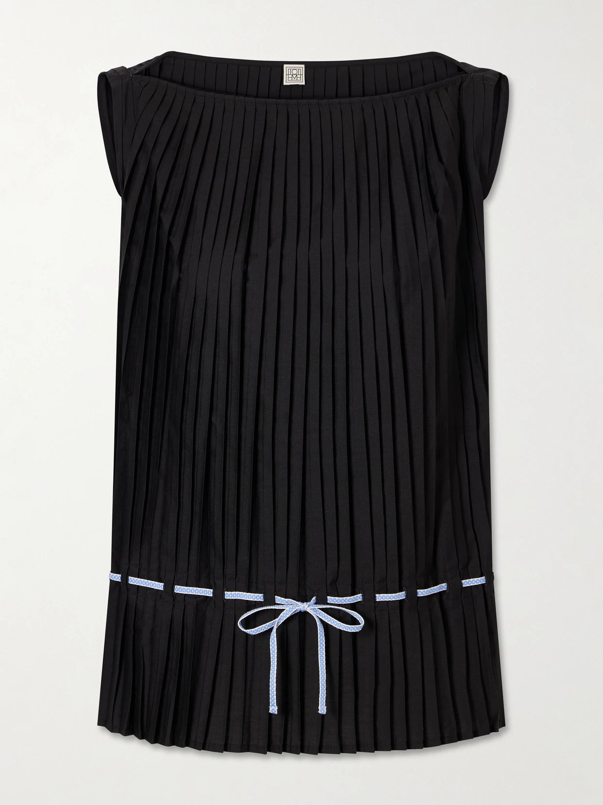 Image of a model wearing Tops. Product name - Belted Pleated Poplin Blouse in Black colour by brand - TOTEME