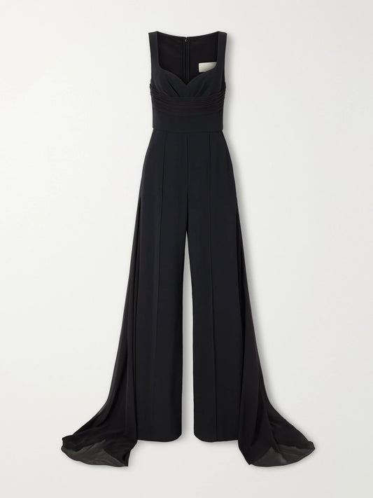 Elie Saab Ruched Chiffon-trimmed Silk-blend Cady Jumpsuit