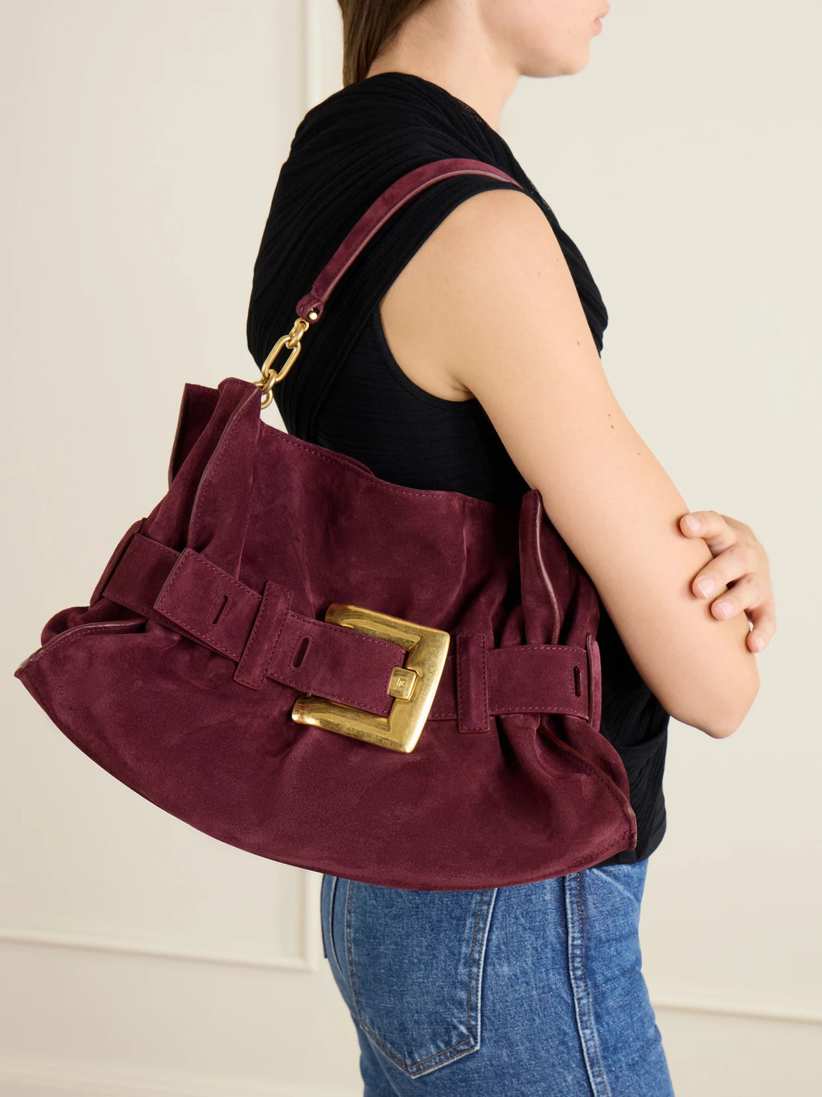 Image of Bags. Product name - Anthem Buckled Suede Shoulder Bag in Burgundy colour by brand - Balmain