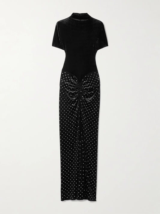 Image of Dresses. Product name - Crystal-embellished Ruched Velvet Midi Dress in Black colour by brand - Alaïa