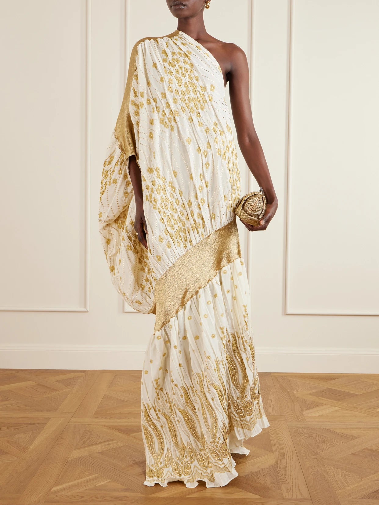 Image of Dresses. Product name - One-shoulder Draped Metallic Fil Coupé Gown in Gold colour by brand - Dima Ayad