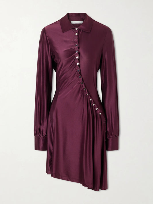 Image of Dresses. Product name - Pleated Jersey-satin Mini Dress in Burgundy colour by brand - RABANNE