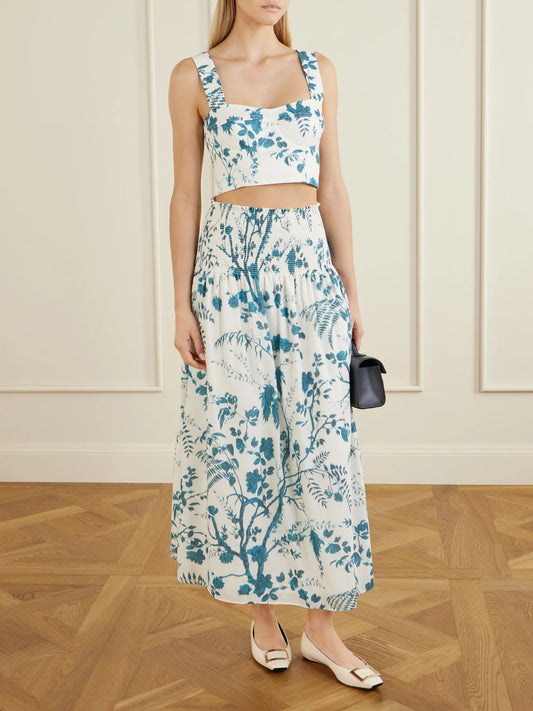 Image of a model wearing Tops. Product name - Crop Floral-print Cotton And Linen-blend Top in White colour by brand - Erdem