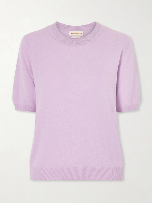 Image of a model wearing Outerwear. Product name - Emer Cropped Cashmere And Cotton-blend T-shirt in Lilac colour by brand - &Daughter
