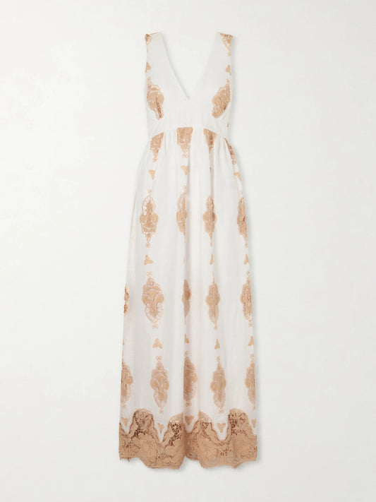 Image of Dresses. Product name - Jenny Broderie Anglaise Linen Maxi Dress in White colour by brand - Miguelina