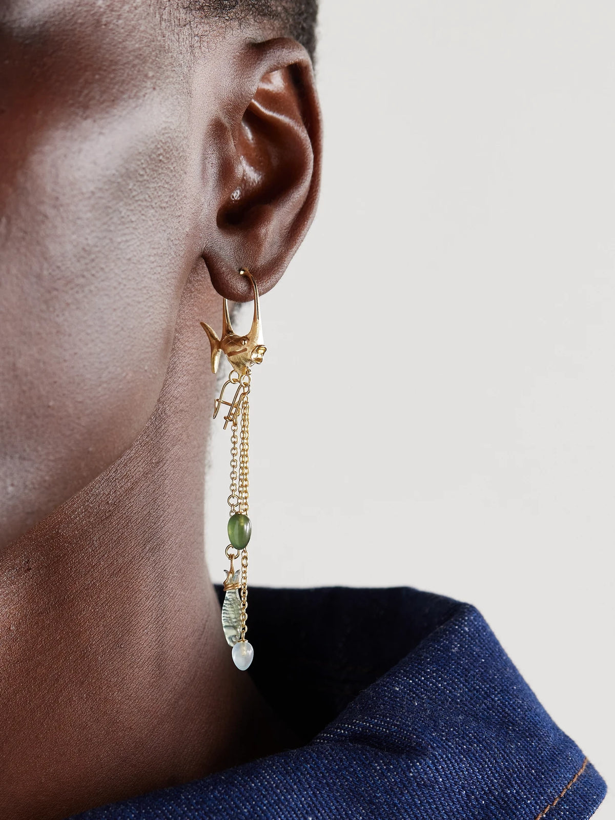 Image of Earrings. Product name - Young Fish 18-karat Gold, Serpentine And Aquamarine Hoop Earrings in Multi colour by brand - OLE LYNGGAARD COPENHAGEN